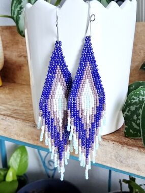 BOGO EARRUNGS - Blue and Mint Beaded Fringe Earrings 5.5"